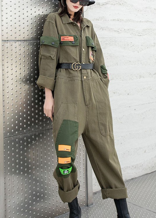 Modernes Army Green Peter Pan Kragen Taschen Knopf Herbst Denim Top Langarm