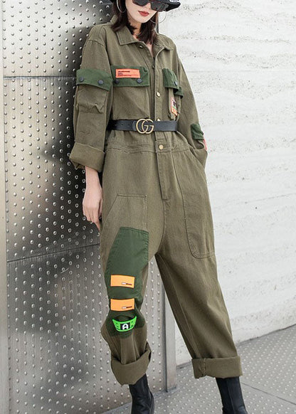 Modernes Army Green Peter Pan Kragen Taschen Knopf Herbst Denim Top Langarm