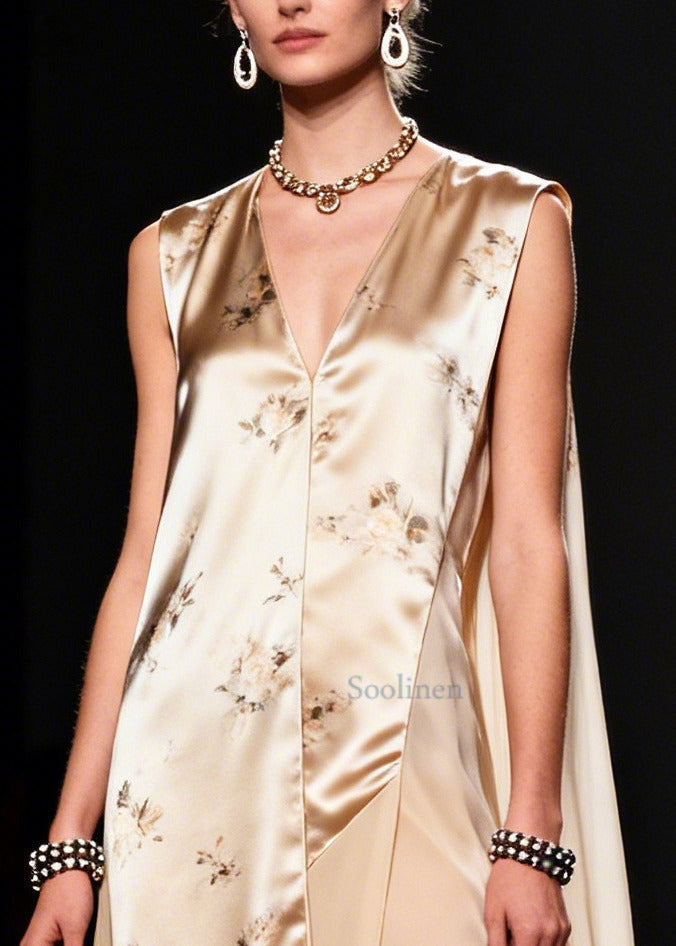 Modern Beige Asymmetrical Patchwork Chiffon Maxi Dresses Sleeveless