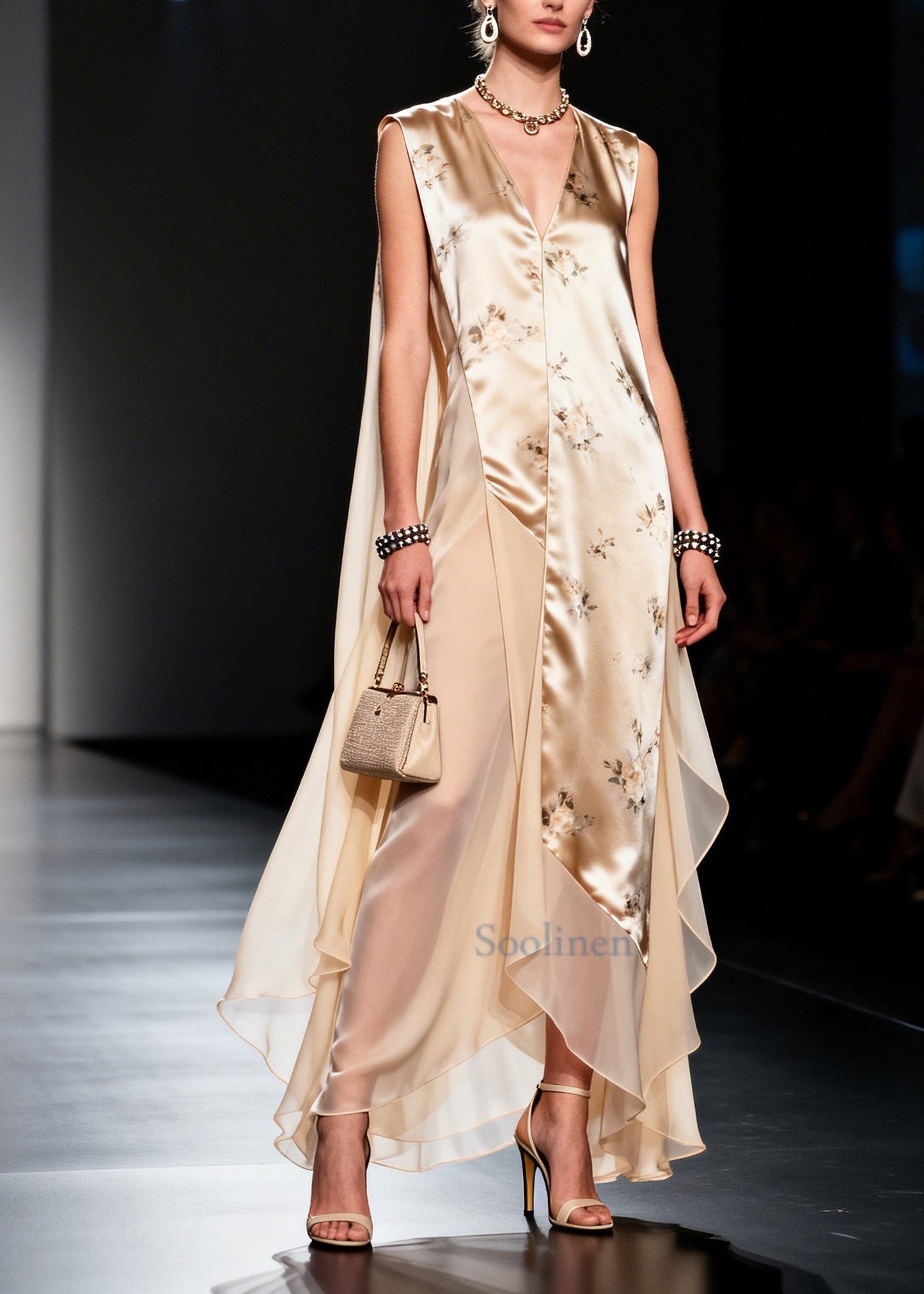 Modern Beige Asymmetrical Patchwork Chiffon Maxi Dresses Sleeveless