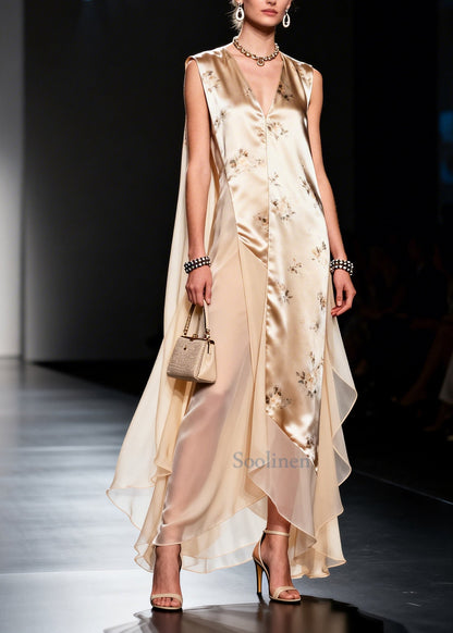 Modern Beige Asymmetrical Patchwork Chiffon Maxi Dresses Sleeveless