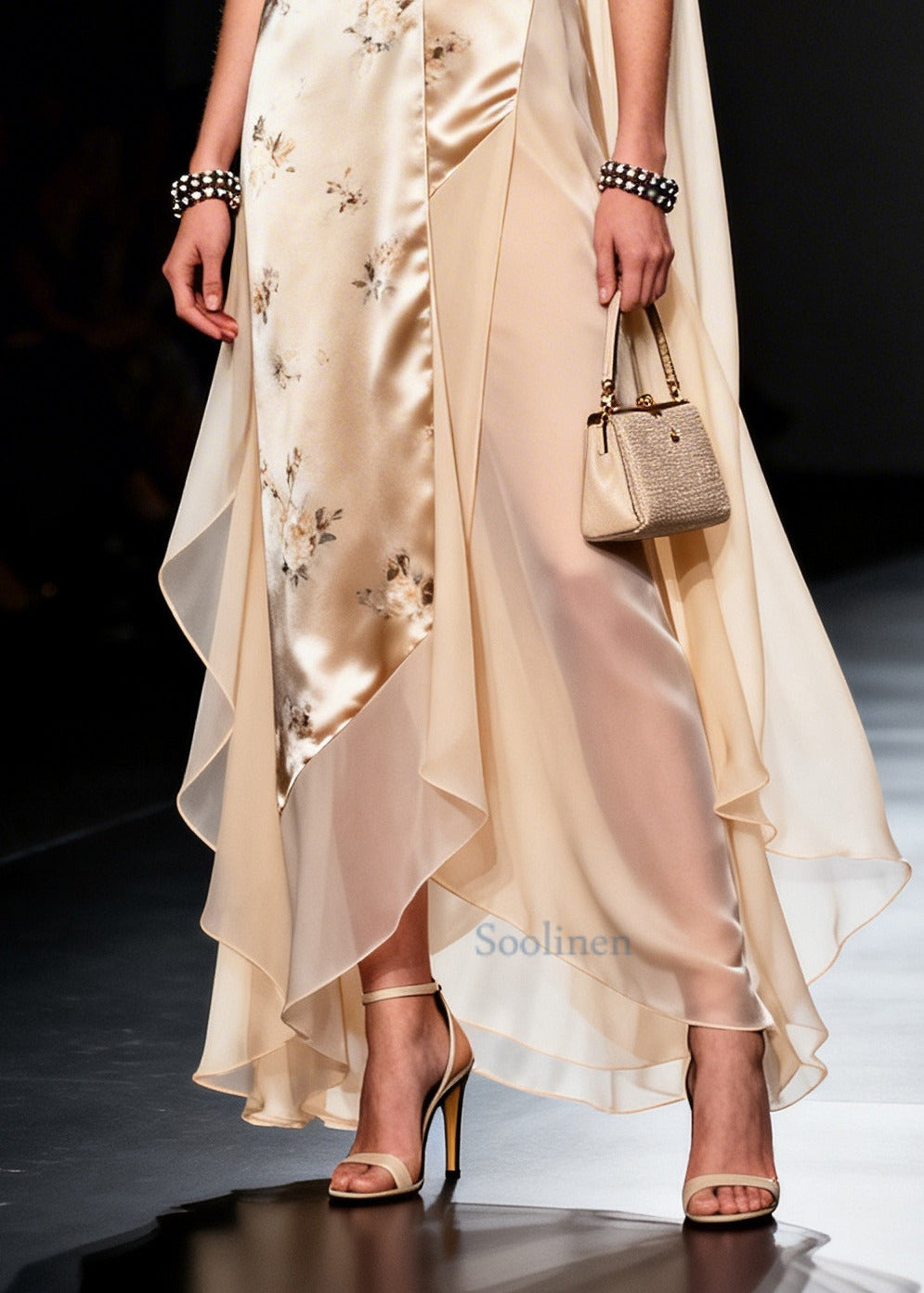 Modern Beige Asymmetrical Patchwork Chiffon Maxi Dresses Sleeveless