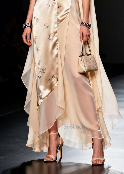 Modern Beige Asymmetrical Patchwork Chiffon Maxi Dresses Sleeveless