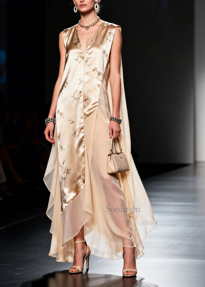 Modern Beige Asymmetrical Patchwork Chiffon Maxi Dresses Sleeveless