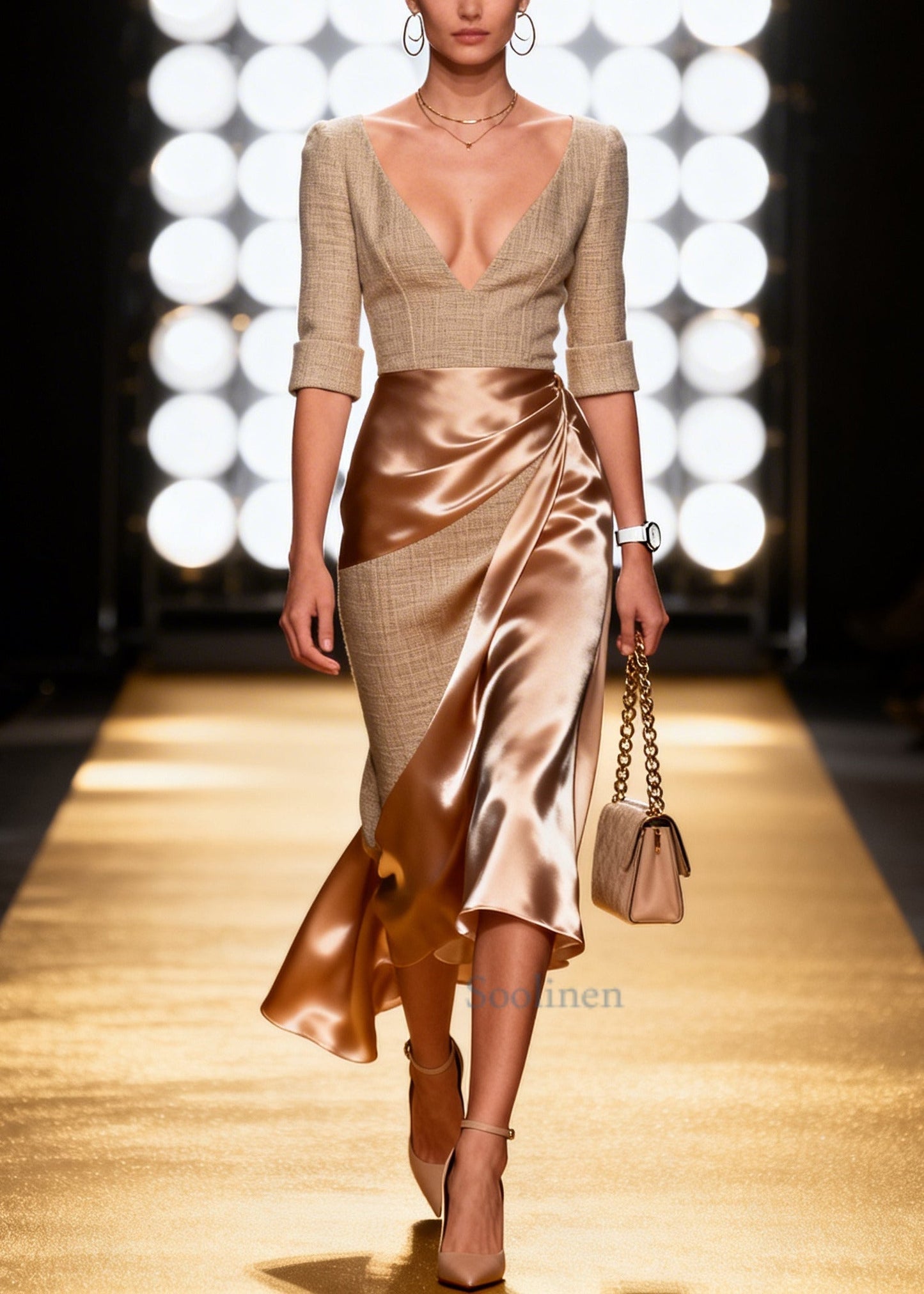 Modern Beige Asymmetrical Patchwork Linen Silk Maxi Dress Summer