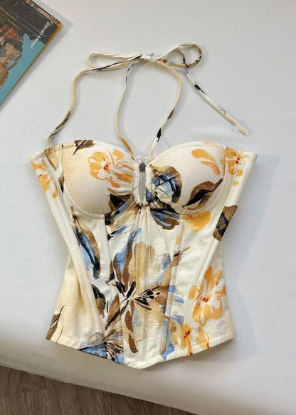 Modern Beige Drawstring Print Cotton Halter Tanks Summer