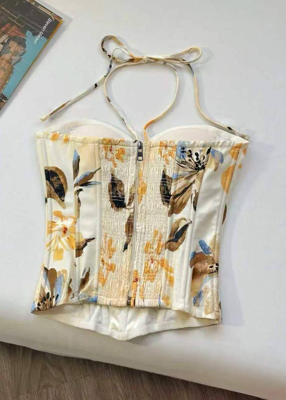Modern Beige Drawstring Print Cotton Halter Tanks Summer