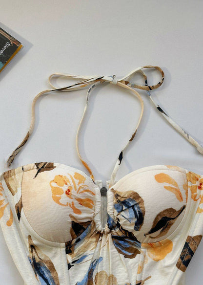 Modern Beige Drawstring Print Cotton Halter Tanks Summer