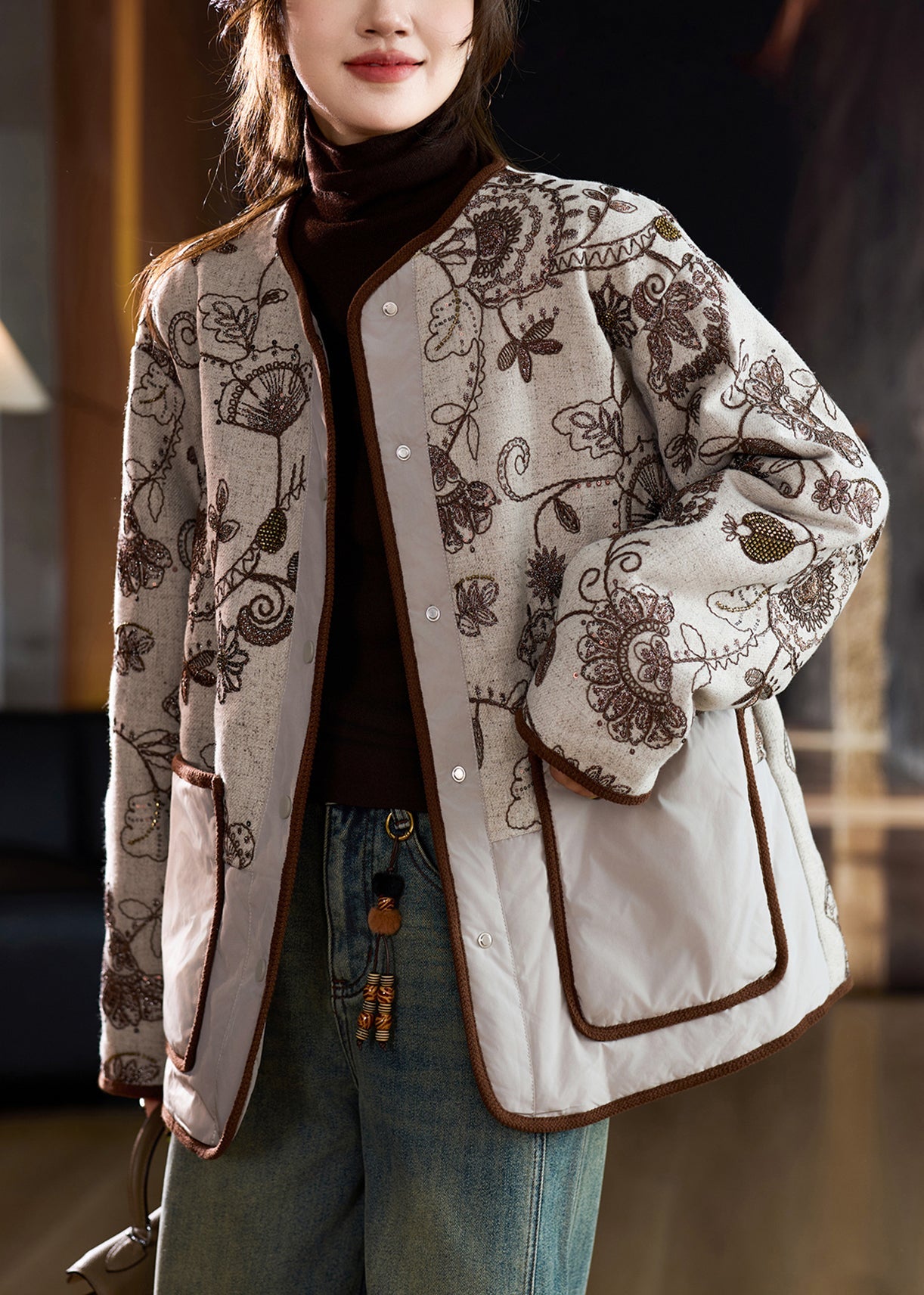 Modern Beige Embroidered Pockets Fine Cotton Filled Linen Coat Winter