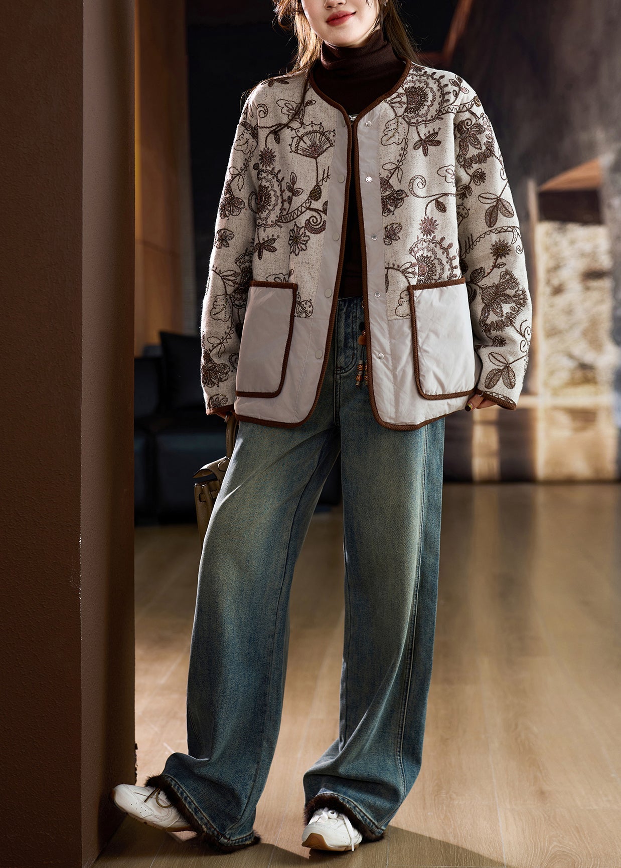 Modern Beige Embroidered Pockets Fine Cotton Filled Linen Coat Winter