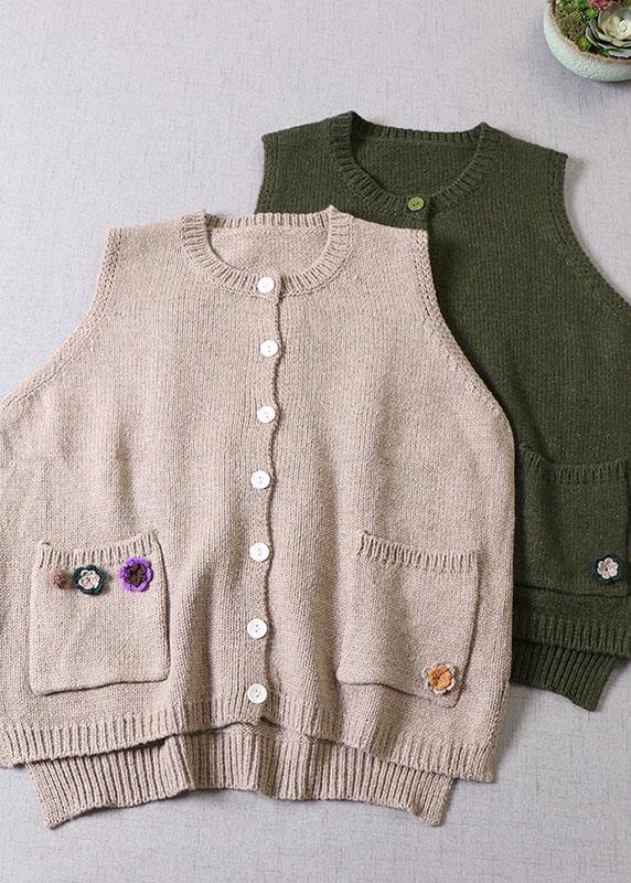 Modern Beige Pockets Button Fall Floral Knit Vest - SooLinen