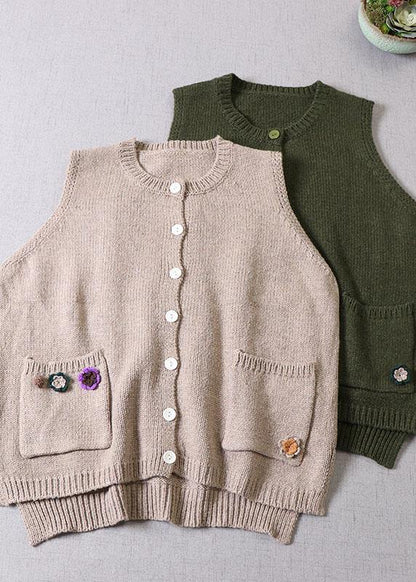 Modern Beige Pockets Button Fall Floral Knit Vest - SooLinen