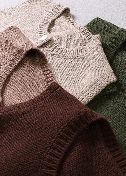 Modern Beige Pockets Button Fall Floral Knit Vest - SooLinen