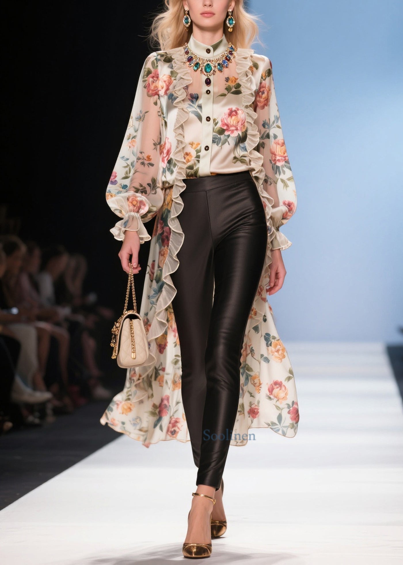 Modern Beige Ruffled Low High Design Print Chiffon Long Blouse Summer