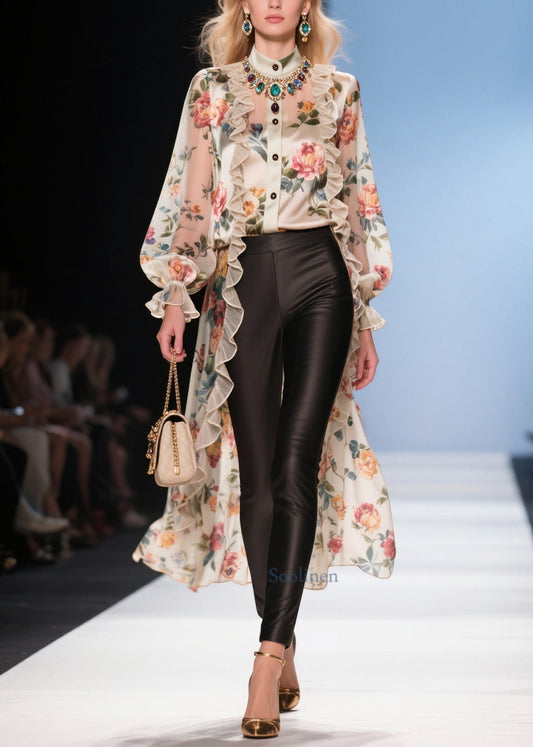 Modern Beige Ruffled Low High Design Print Chiffon Long Blouse Summer