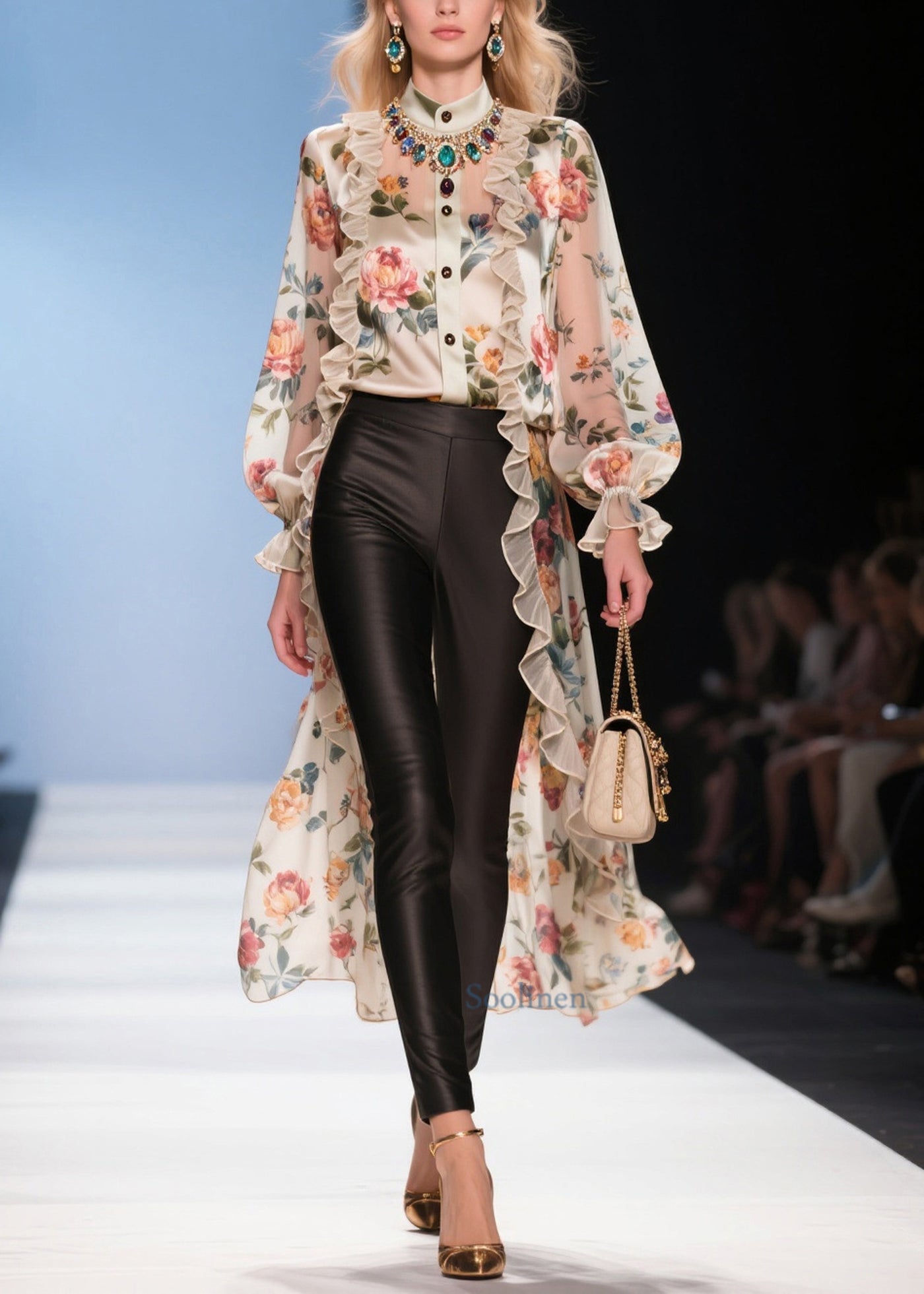 Modern Beige Ruffled Low High Design Print Chiffon Long Blouse Summer