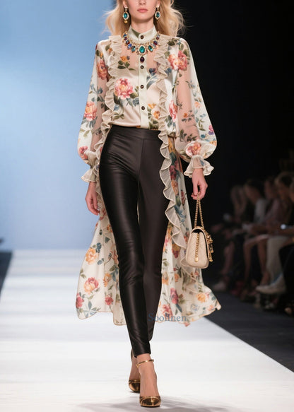 Modern Beige Ruffled Low High Design Print Chiffon Long Blouse Summer
