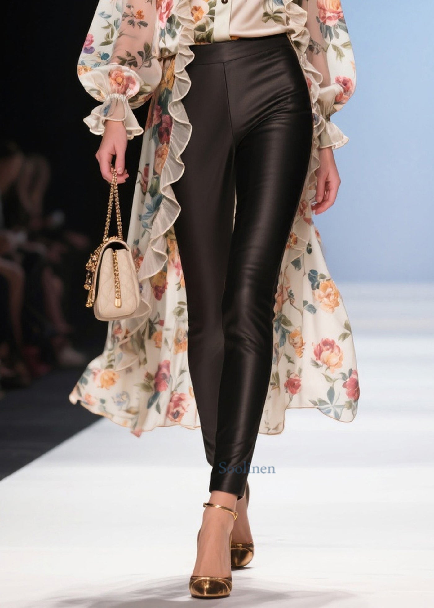 Modern Beige Ruffled Low High Design Print Chiffon Long Blouse Summer