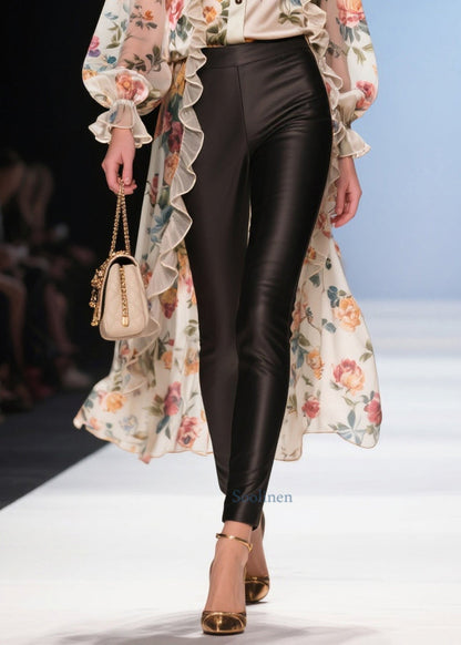 Modern Beige Ruffled Low High Design Print Chiffon Long Blouse Summer