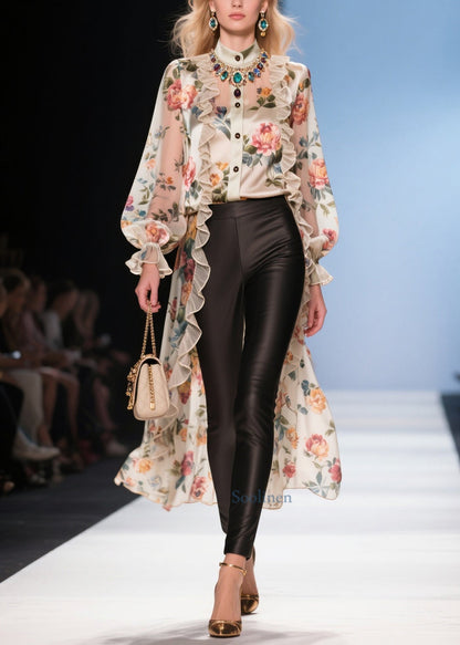 Modern Beige Ruffled Low High Design Print Chiffon Long Blouse Summer
