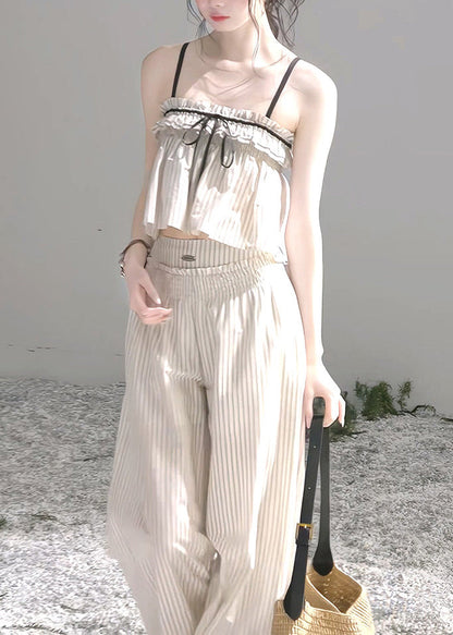 Modern Beige Ruffled Striped Cotton Bow Women Sets 2 Pieces Summer