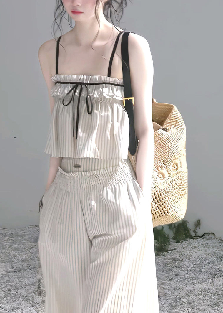 Modern Beige Ruffled Striped Cotton Bow Women Sets 2 Pieces Summer