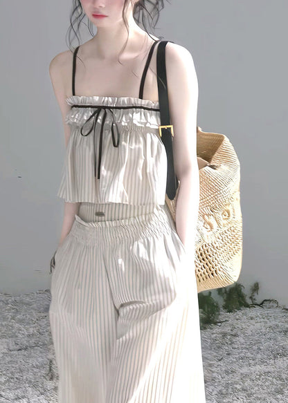 Modern Beige Ruffled Striped Cotton Bow Women Sets 2 Pieces Summer