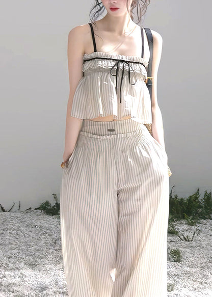 Modern Beige Ruffled Striped Cotton Bow Women Sets 2 Pieces Summer