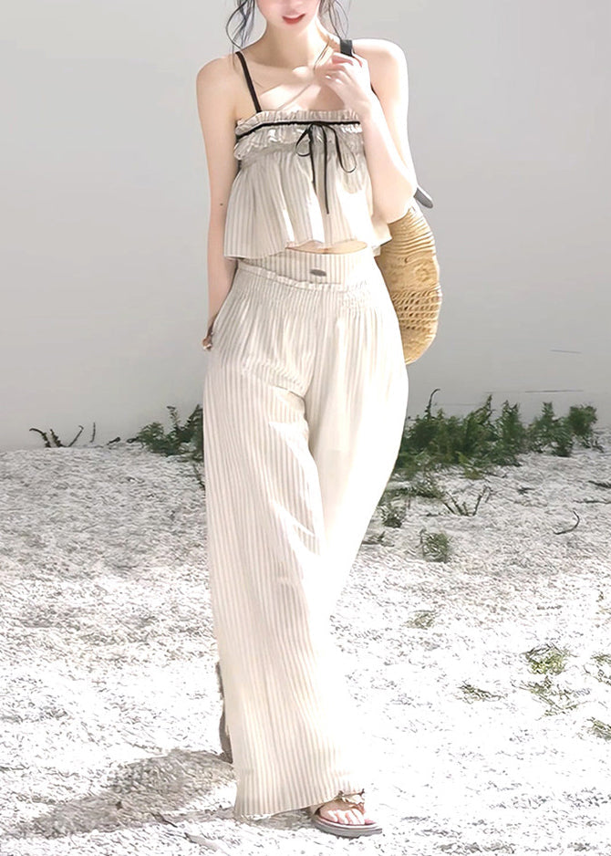 Modern Beige Ruffled Striped Cotton Bow Women Sets 2 Pieces Summer