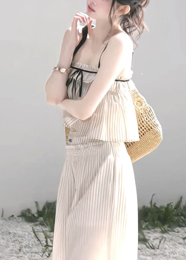 Modern Beige Ruffled Striped Cotton Bow Women Sets 2 Pieces Summer