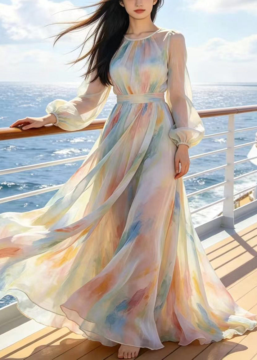 Modern Beige Tie Dye Exra Large Hem Chiffon Holiday Dress Summer