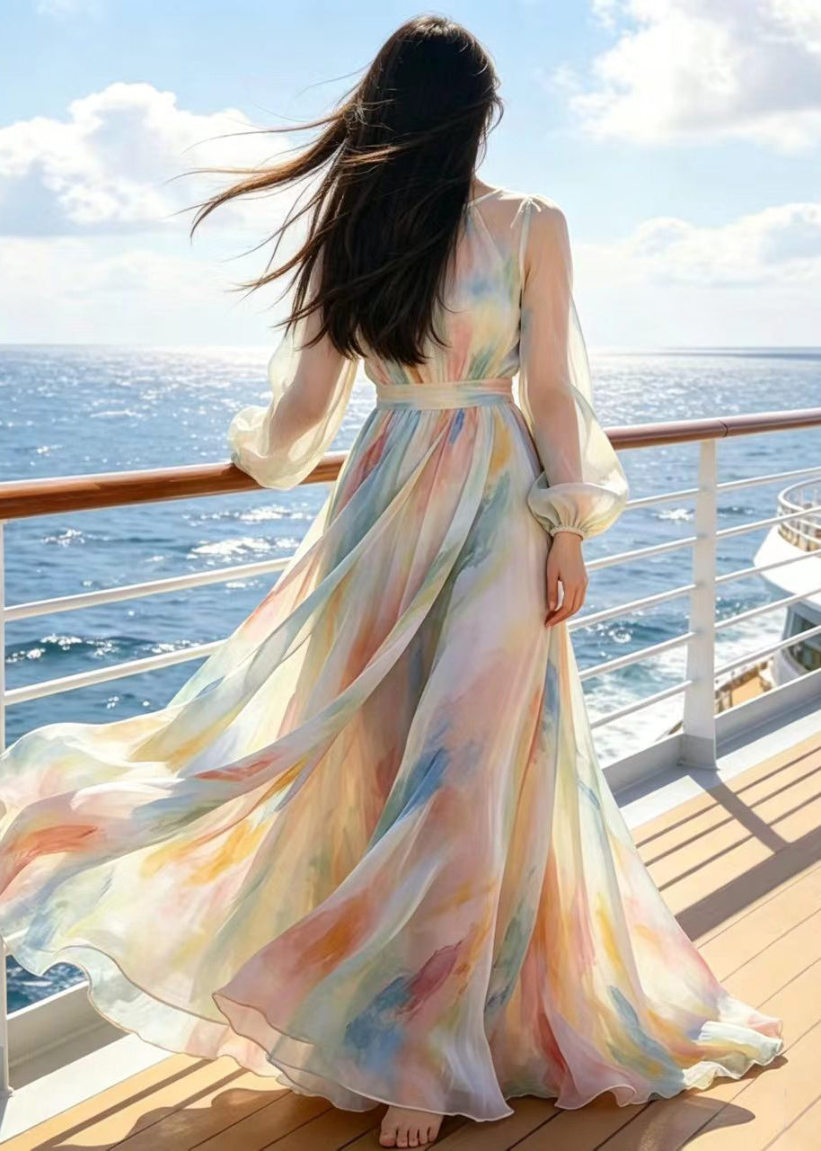 Modern Beige Tie Dye Exra Large Hem Chiffon Holiday Dress Summer
