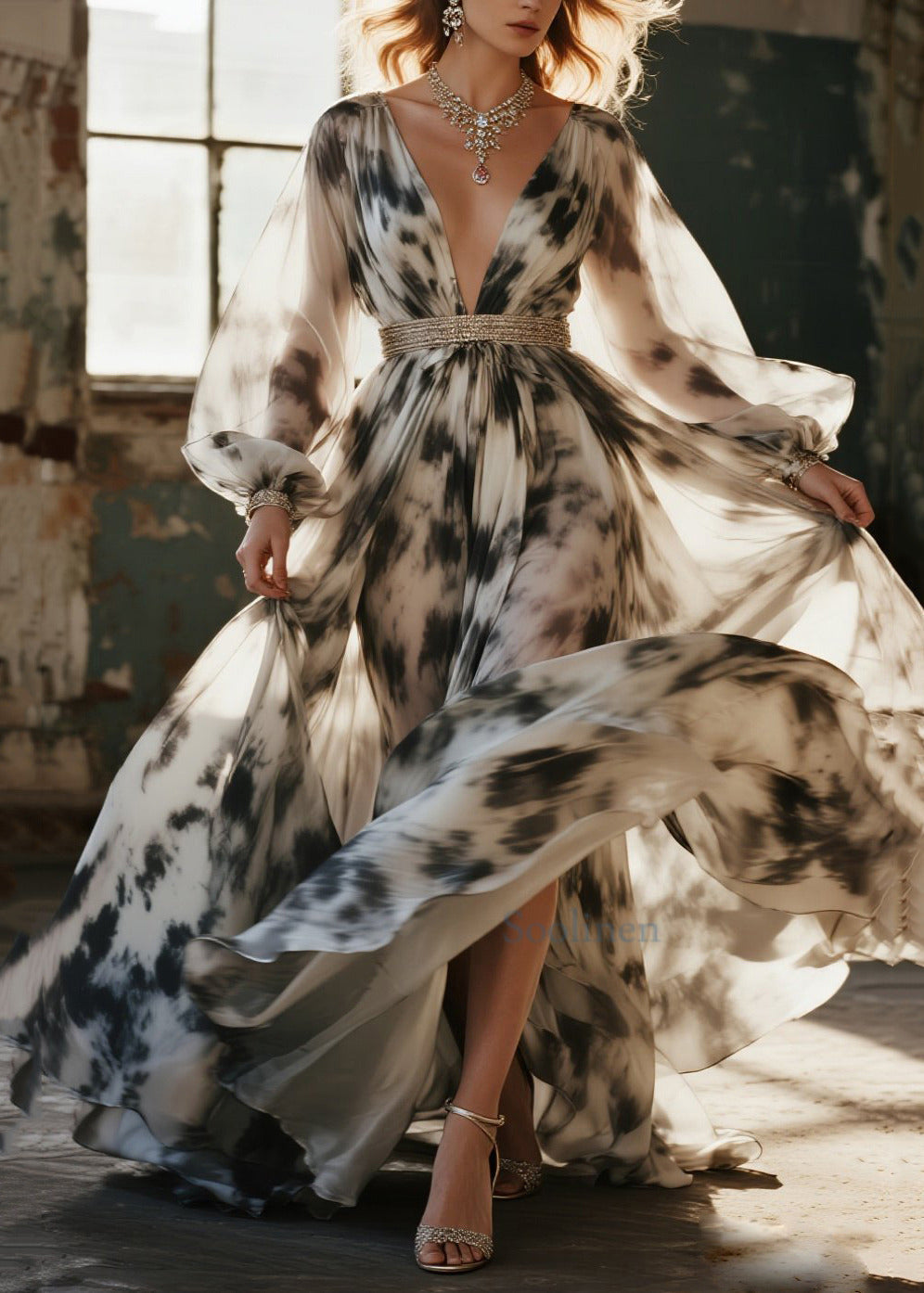 Modernes beigefarbenes Chiffon-Partykleid mit Batikmuster und extra weitem Saum für den Frühling