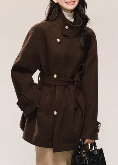Modern Beige Tie Waist Pockets Solid Woolen Coat Fall