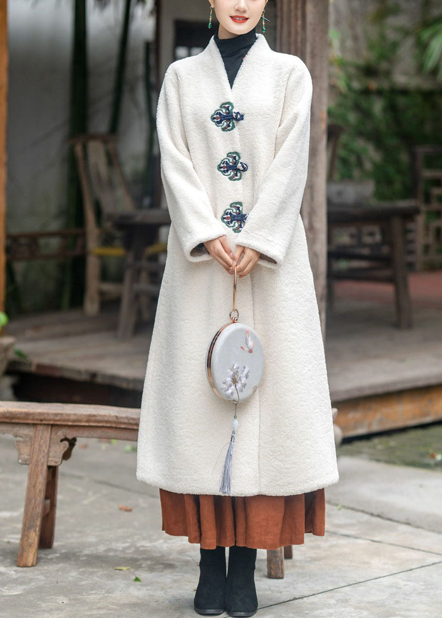 Moderne Beige V-Ausschnitt bestickt dicken Teddy Kunstpelz verlängern Mäntel Winter