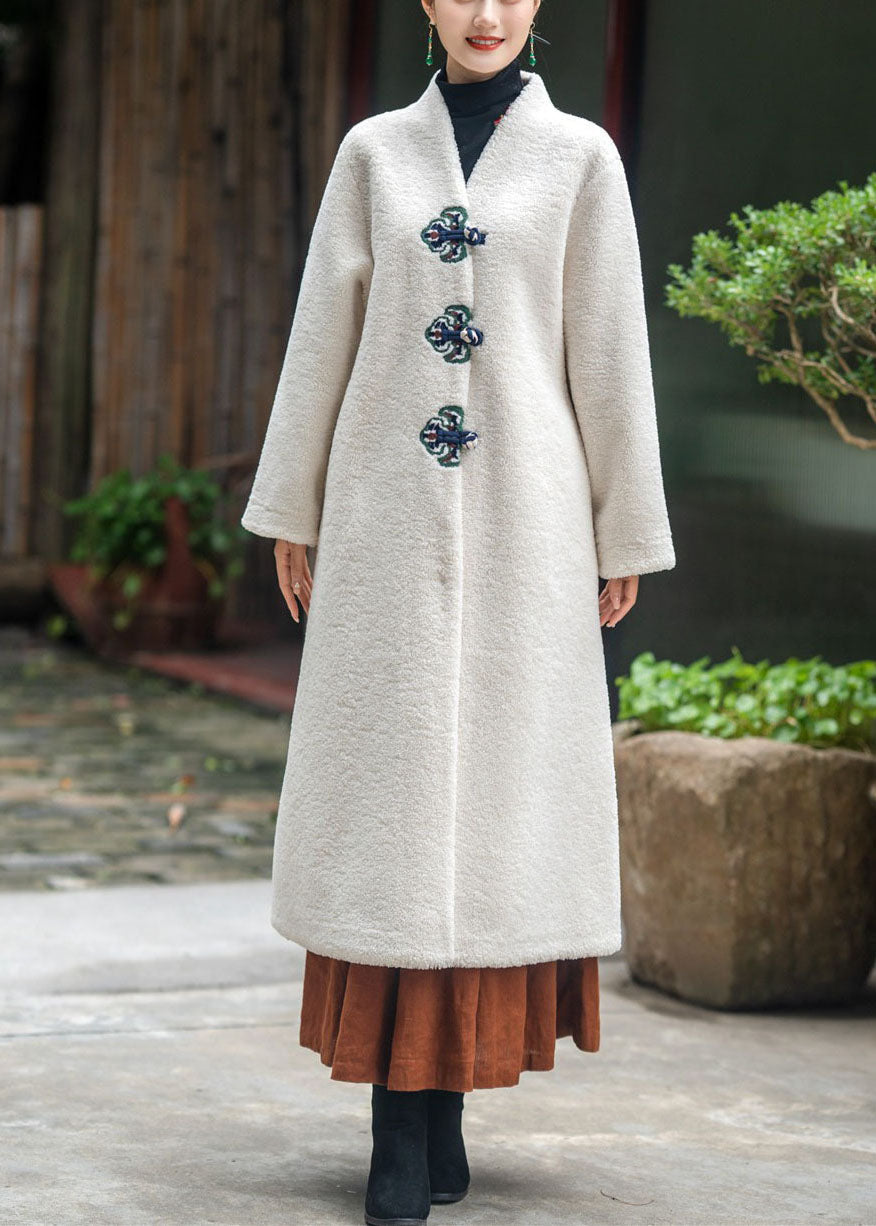 Moderne Beige V-Ausschnitt bestickt dicken Teddy Kunstpelz verlängern Mäntel Winter