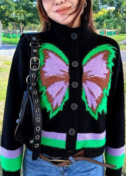 Modern Black Button Butterfly Wool Knit Cardigans Spring
