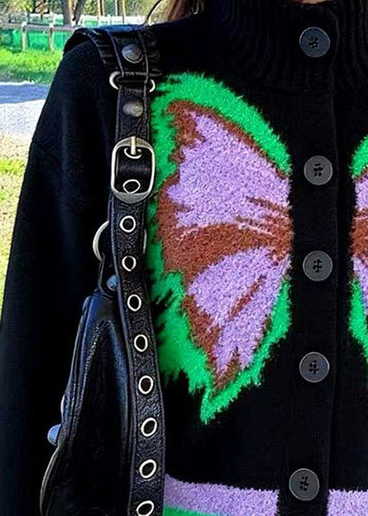 Modern Black Button Butterfly Wool Knit Cardigans Spring