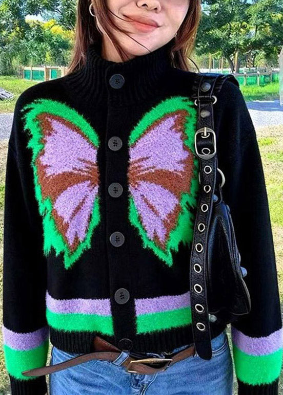 Modern Black Button Butterfly Wool Knit Cardigans Spring