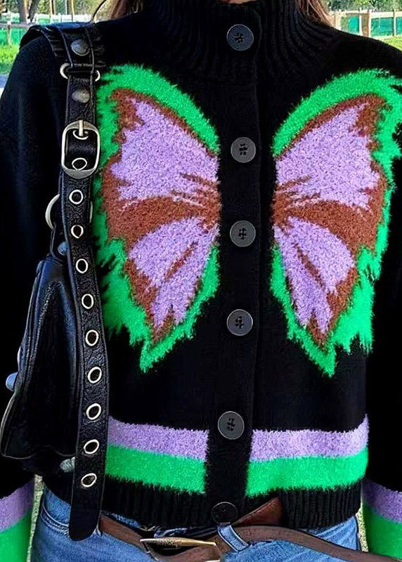 Modern Black Button Butterfly Wool Knit Cardigans Spring