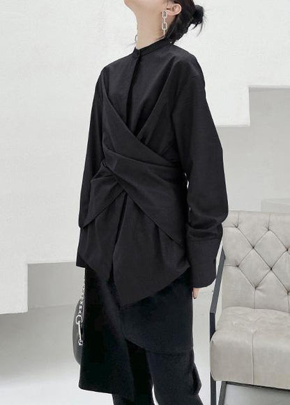 Modern Black Button Cotton Long sleeve Spring Top - SooLinen