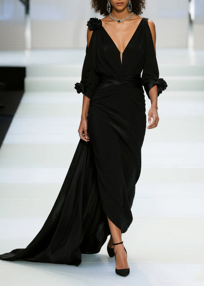 Modern Black Cold Shoulder Floral Decorated Chiffon Vestidos Dress Summer