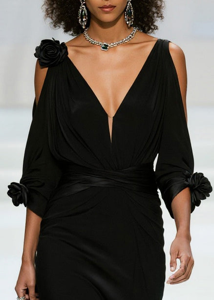 Modern Black Cold Shoulder Floral Decorated Chiffon Vestidos Dress Summer