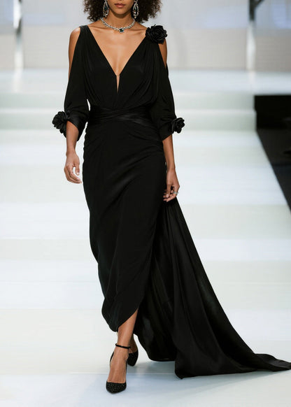 Modern Black Cold Shoulder Floral Decorated Chiffon Vestidos Dress Summer