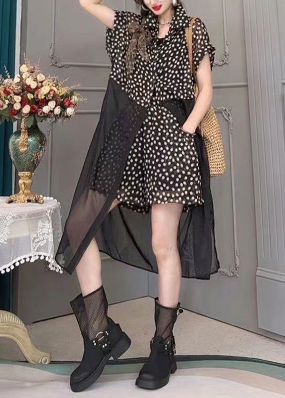 Modernes schwarzes Tüll-Patchwork-Longshirt mit Punktdruck und Shorts, zweiteiliges Set mit kurzen Ärmeln