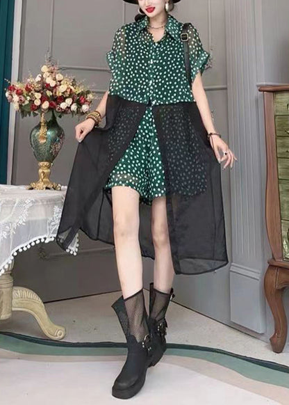 Modernes schwarzes Tüll-Patchwork-Longshirt mit Punktdruck und Shorts, zweiteiliges Set mit kurzen Ärmeln