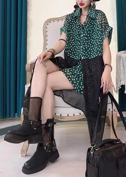 Modernes schwarzes Tüll-Patchwork-Longshirt mit Punktdruck und Shorts, zweiteiliges Set mit kurzen Ärmeln