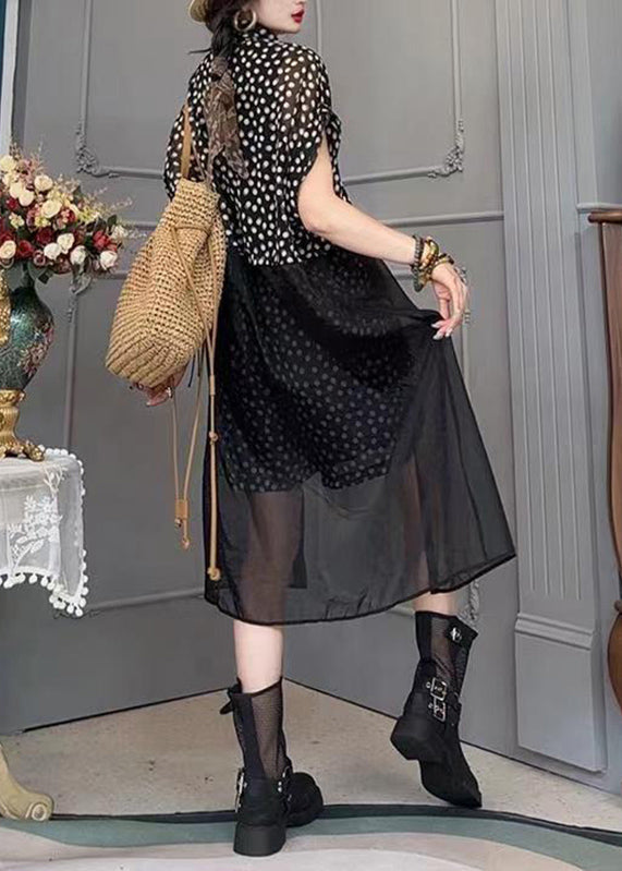 Modernes schwarzes Tüll-Patchwork-Longshirt mit Punktdruck und Shorts, zweiteiliges Set mit kurzen Ärmeln