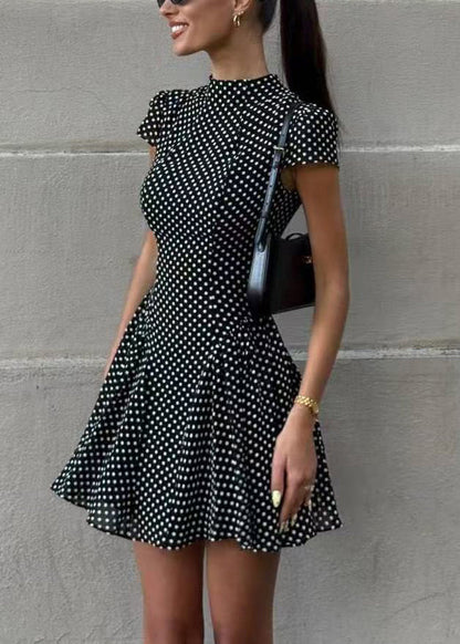 Modern Black Dot Wrinkled Chiffon Mini Dresses Short Sleeve