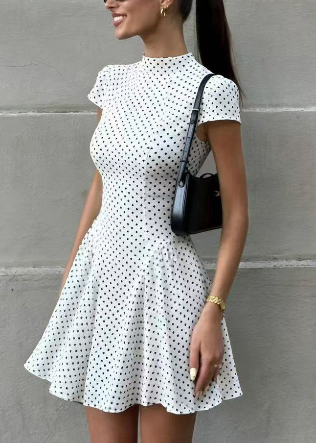 Modern Black Dot Wrinkled Chiffon Mini Dresses Short Sleeve